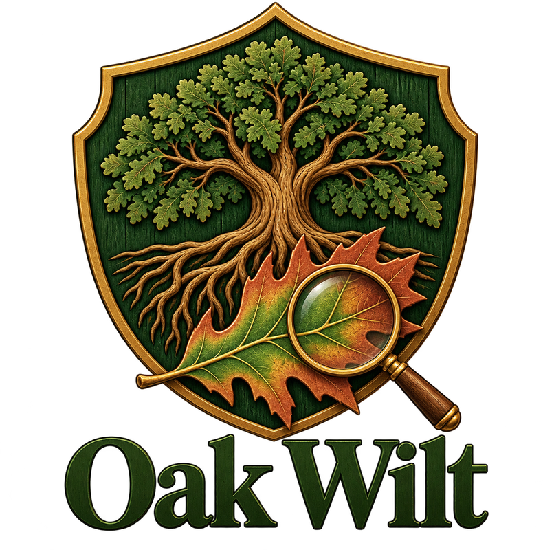 Oak Wilt logo: an oak tree and its roots on a green shield, a wilting red oak leaf under a magnifying glass, and the words Oak Wilt